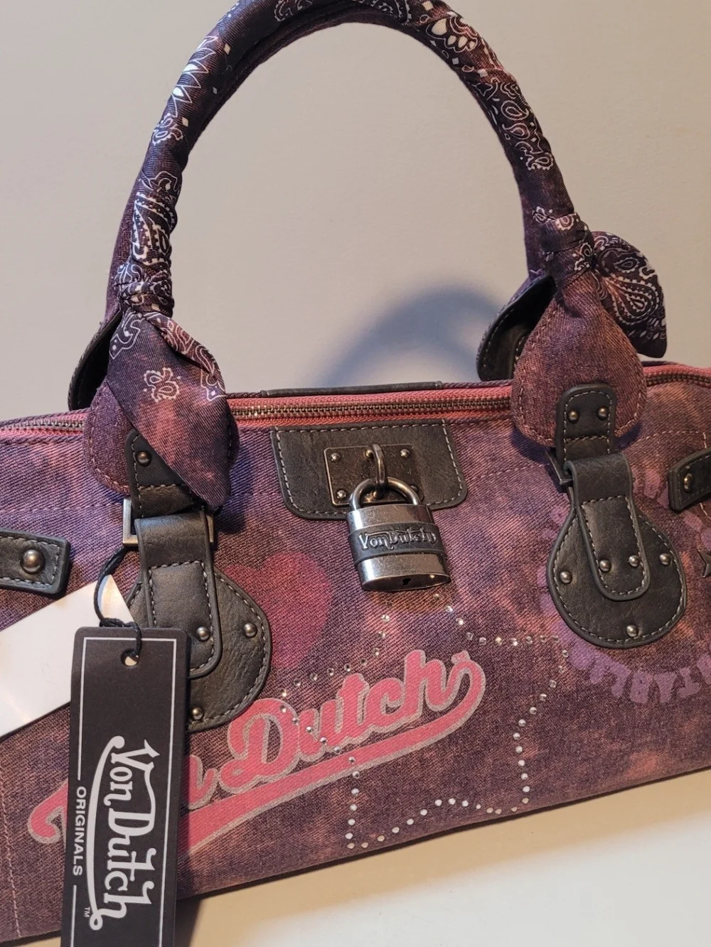 Von Dutch Purple and Pink Satchel with Logo and Bandana-Wrapped Handles